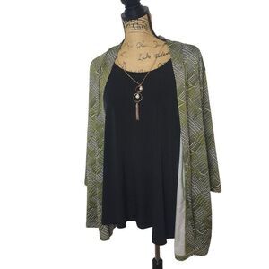 NY Collection Womens Open Front Kimono  Cardigan 2X Green & Black New